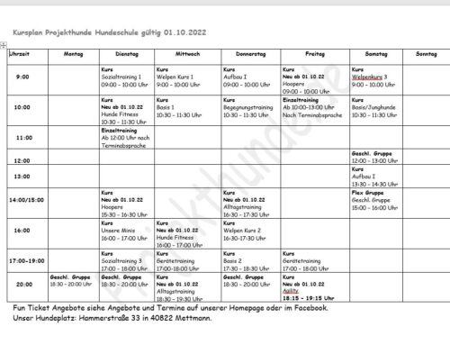 Unser neuer Kursplan ab 01.10.2022